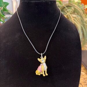 Cute Chihuahua Dog Pendant Necklace 20” Black Cord Rhinestone Detail